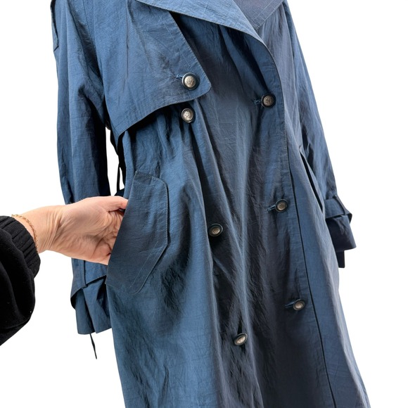 London Fog Blue Trench Coat Women's 8 Petite Double Breasted Belted - Picture 6 of 12